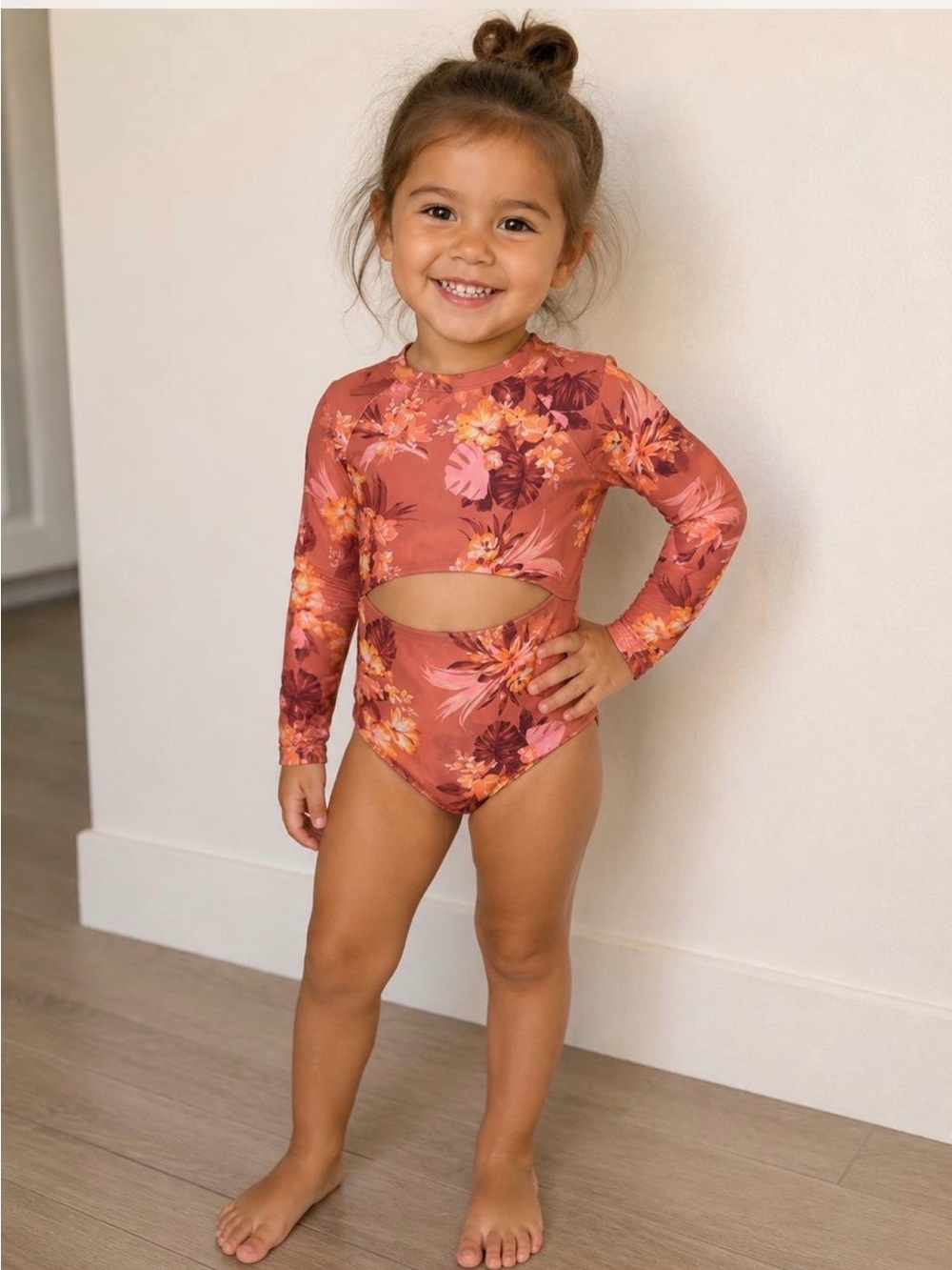 Source Unknown Rust Pink Floral Long Sleeve Cutout One-Piece Swim